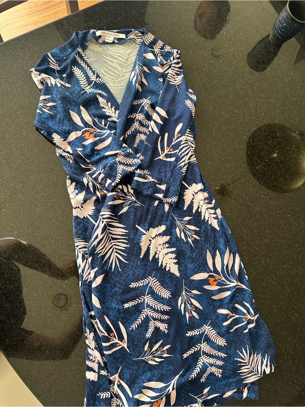 Diane Von Furstenberg Navy and Cream Long Sleeve Wrap Dress with Orange Accents